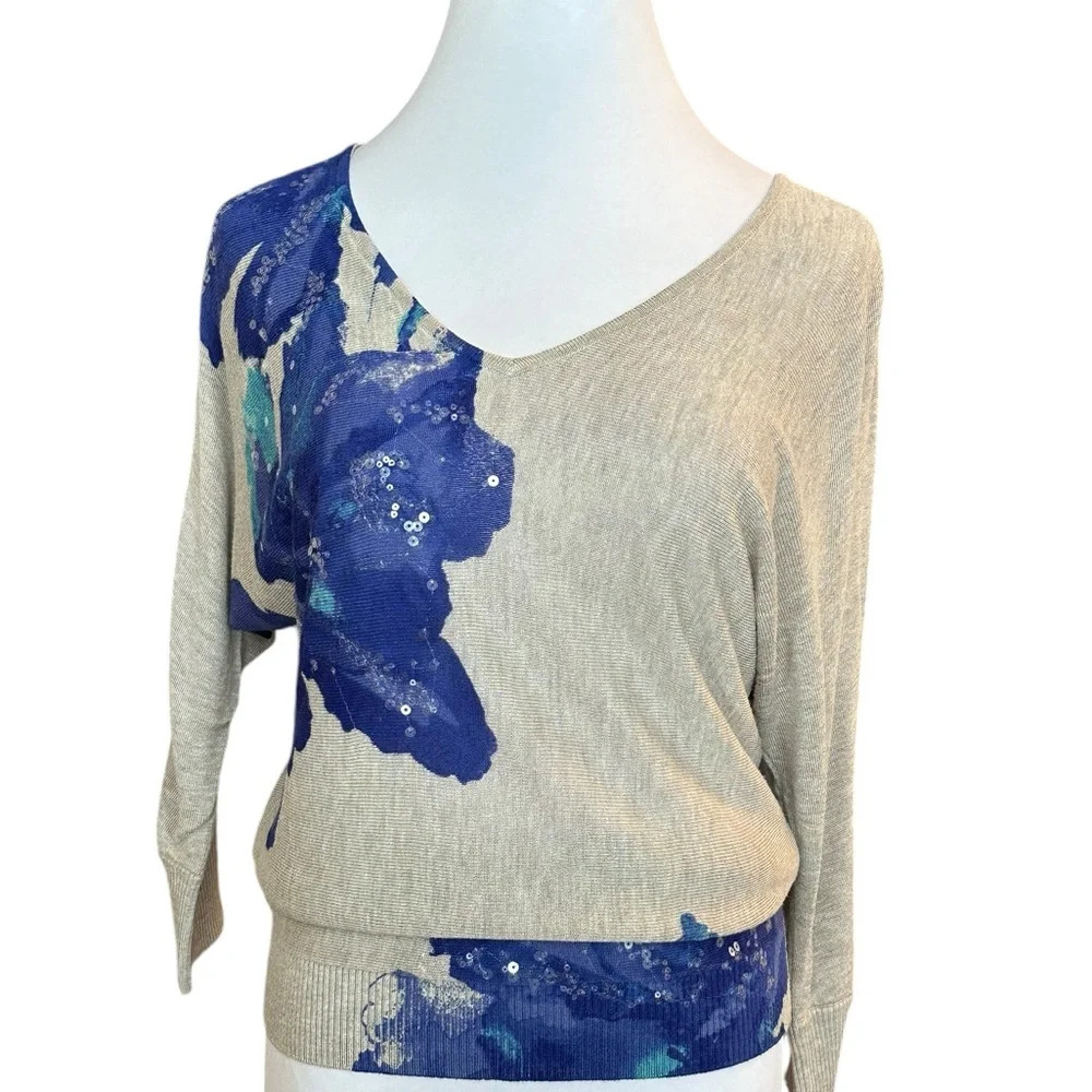 INC International Concepts Floral & Sequin V-neck Lightweight Rayon Swea… - Picture 2 of 6